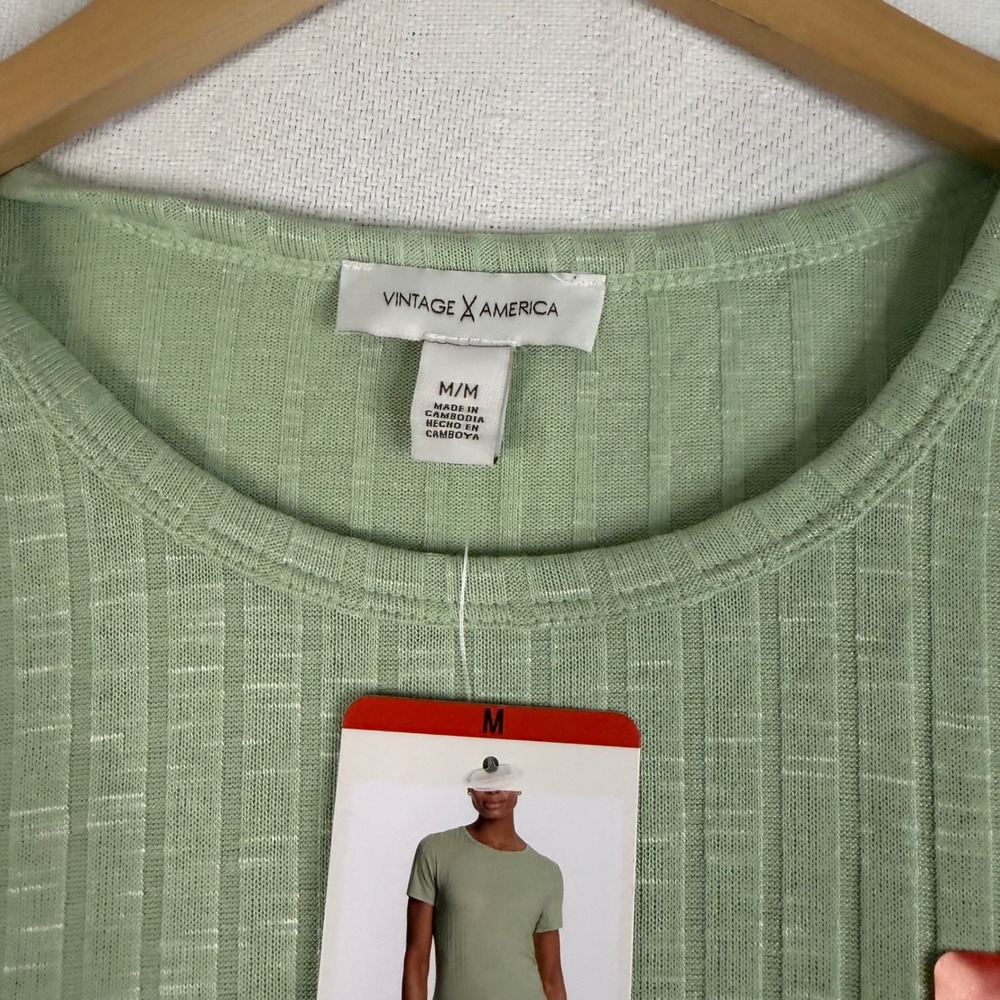 Vintage America‎ Womens Ribbed Short Sleeve Crew Neck Top Sage Green Medium